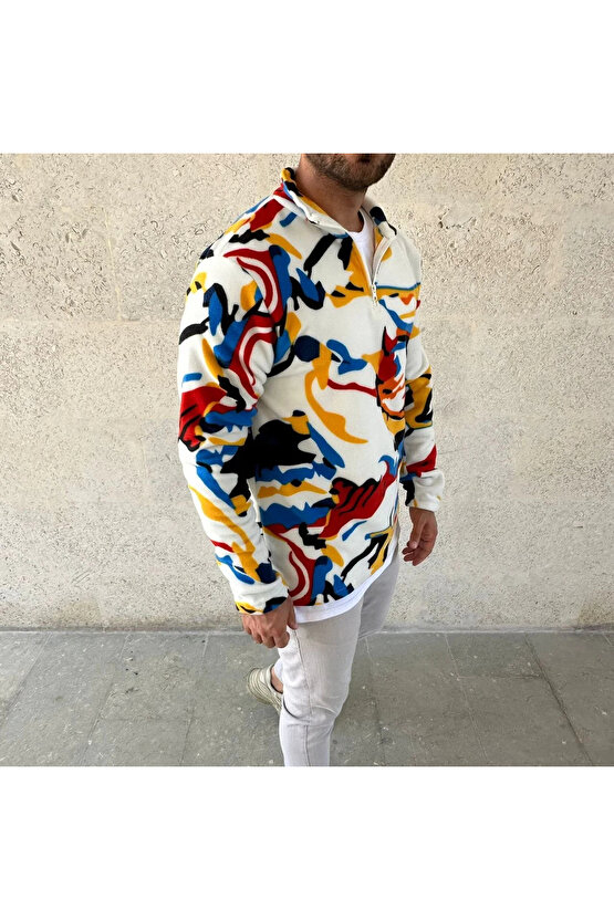 Erkek Yarım Fermuarlı Desenli Polar Sweat – Renkli Abstract Desen Yakalı, Uzun Kollu, Oversize Rahat