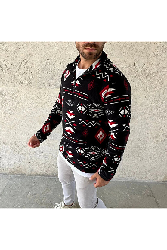 Erkek Yarım Fermuarlı Desenli Polar Sweat Tribal Etnik Desen Yakalı, Uzun Kollu, Oversize Rahat Kalı