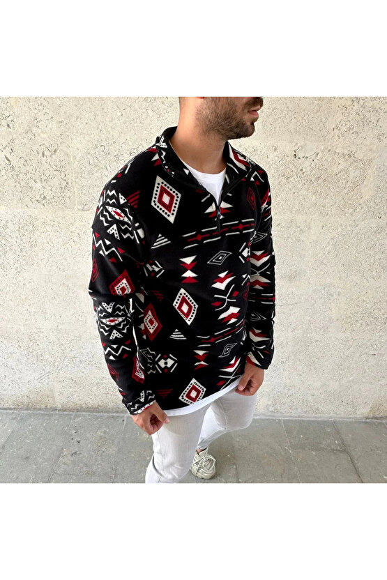Erkek Yarım Fermuarlı Desenli Polar Sweat Tribal Etnik Desen Yakalı, Uzun Kollu, Oversize Rahat Kalı