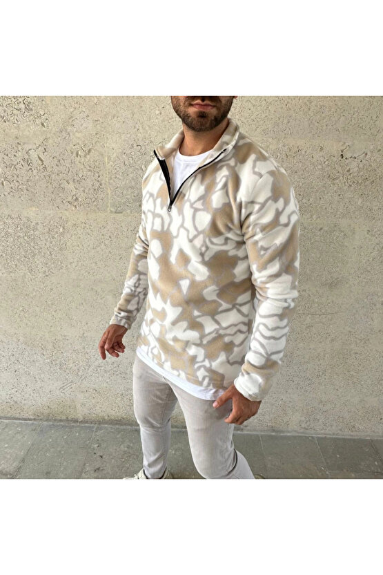 MDB Erkek Yarım Fermuarlı Desenli Polar weat Yakalı, Uzun Kollu, Oversize Rahat Kalıp Bej