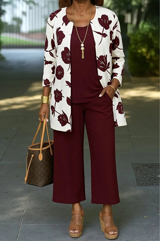 Kadın Uzun Kollu önü Açık Modal Ceket Kolsuz Viskon Iki Iplik Bluz Ve Pantolon üçlü Takım