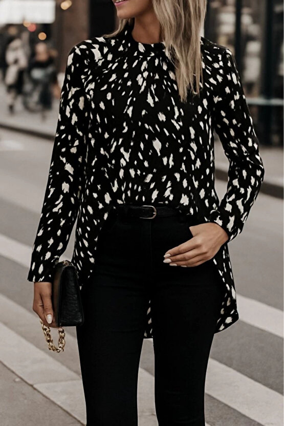Kadın Uzun Kollu Yarı Balıkçı Yaka Desenli Dokuma Bluz
