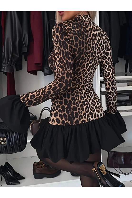 Kadın Uzun Kollu Bisiklet Yaka Leopar Desenli üst Modal Alt Trikoton Mini Elbise