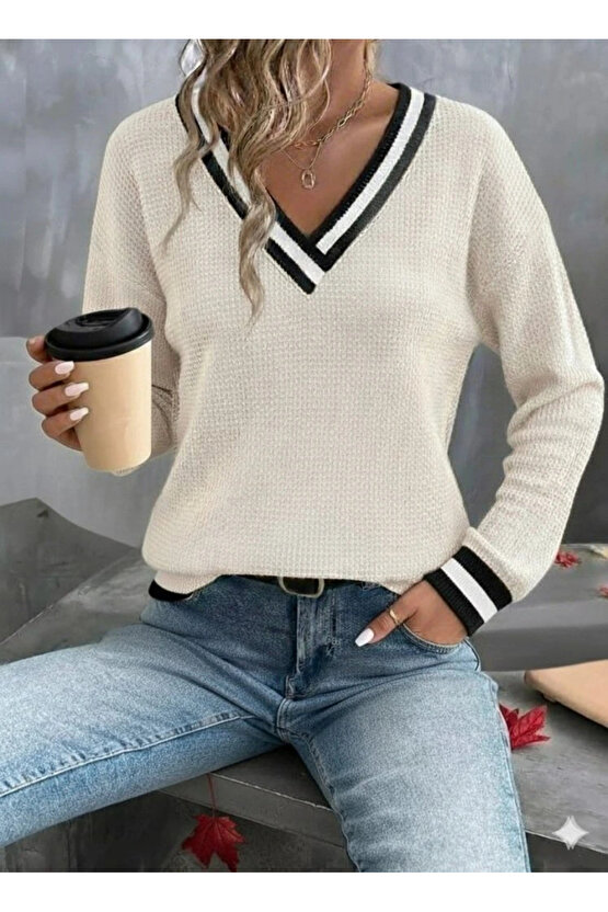Kadın Uzun Kollu V Yakalı Waffle Bluz