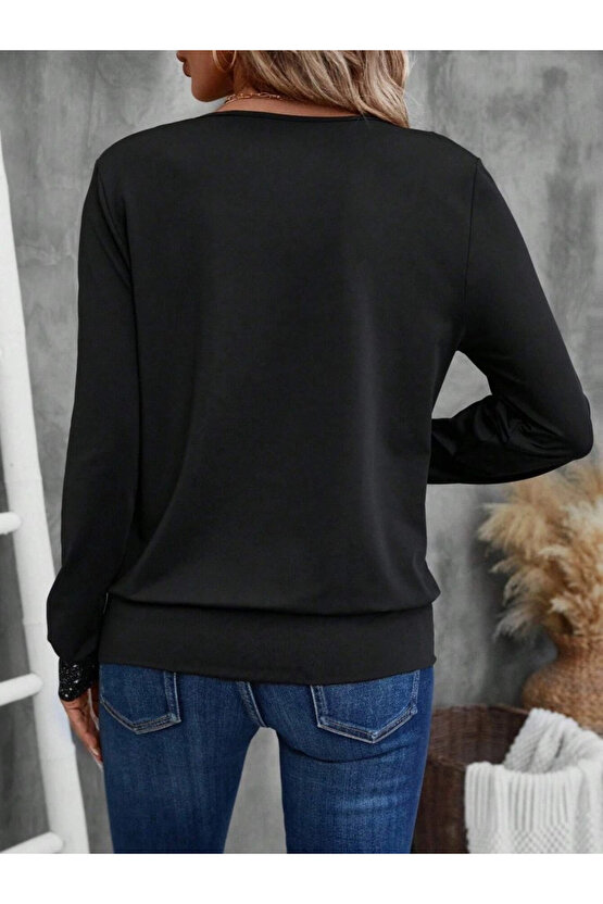 Kadın Uzun Kollu V Yakalı Içi Süprem Desenli Dışı Viskon Bluz