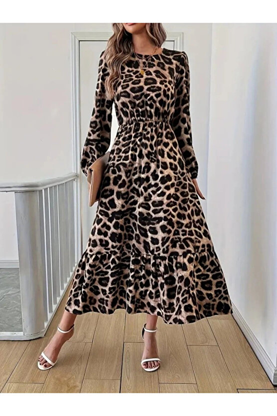 Uzun Kollu Bisiklet Yaka Leopar Desenli Midi Süprem Elbise