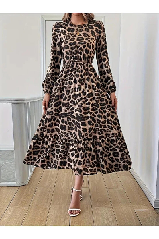 Uzun Kollu Bisiklet Yaka Leopar Desenli Midi Süprem Elbise