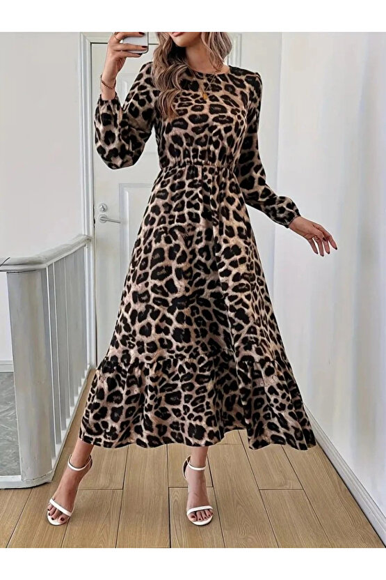 Uzun Kollu Bisiklet Yaka Leopar Desenli Midi Süprem Elbise
