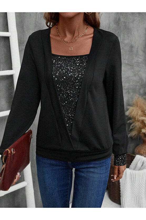 Kadın Uzun Kollu V Yakalı Içi Süprem Desenli Dışı Viskon Bluz