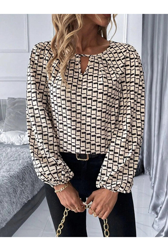 Kadın Uzun Kollu Damla Detaylı Yaka Desenli Süprem Bluz