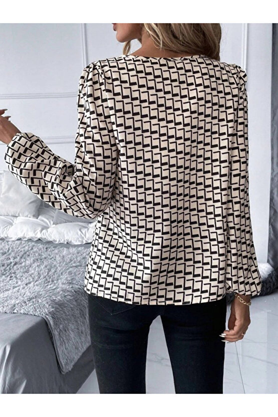 Kadın Uzun Kollu Damla Detaylı Yaka Desenli Süprem Bluz