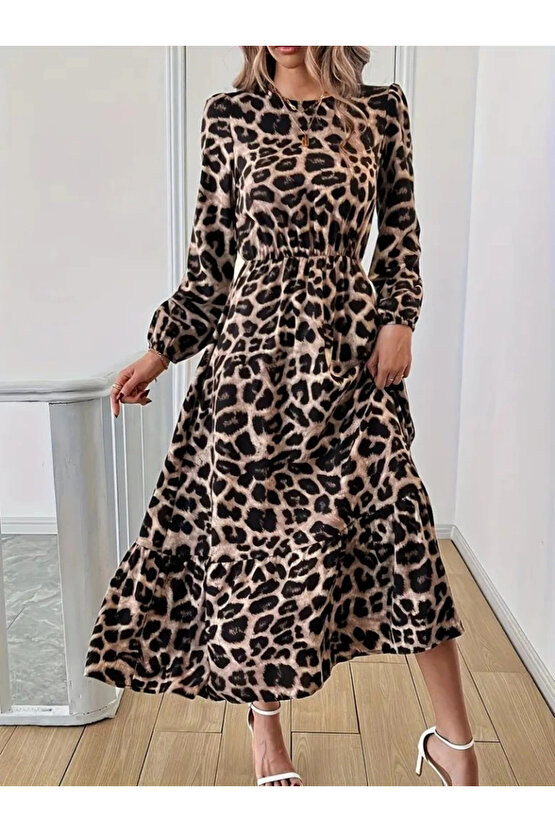 Uzun Kollu Bisiklet Yaka Leopar Desenli Midi Süprem Elbise