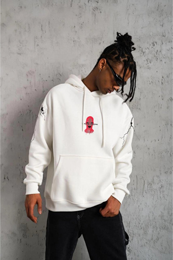 Erkek Oversize Üç İplik Kapüşonlu Sweatshirt – Don’t Be Terrified Ön, Sırt Ve Kol Baskılı, Kanguru