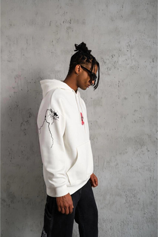 Erkek Oversize Üç İplik Kapüşonlu Sweatshirt – Don’t Be Terrified Ön, Sırt Ve Kol Baskılı, Kanguru