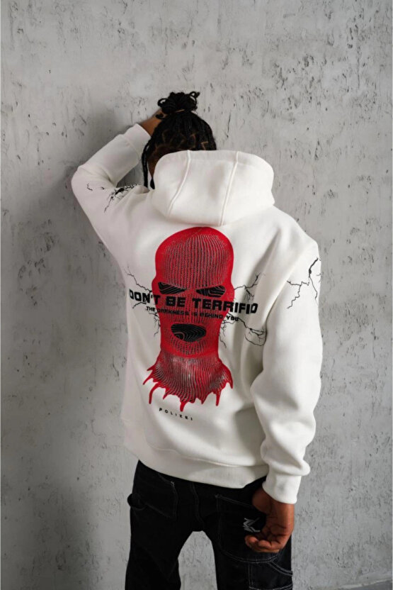 Erkek Oversize Üç İplik Kapüşonlu Sweatshirt – Don’t Be Terrified Ön, Sırt Ve Kol Baskılı, Kanguru