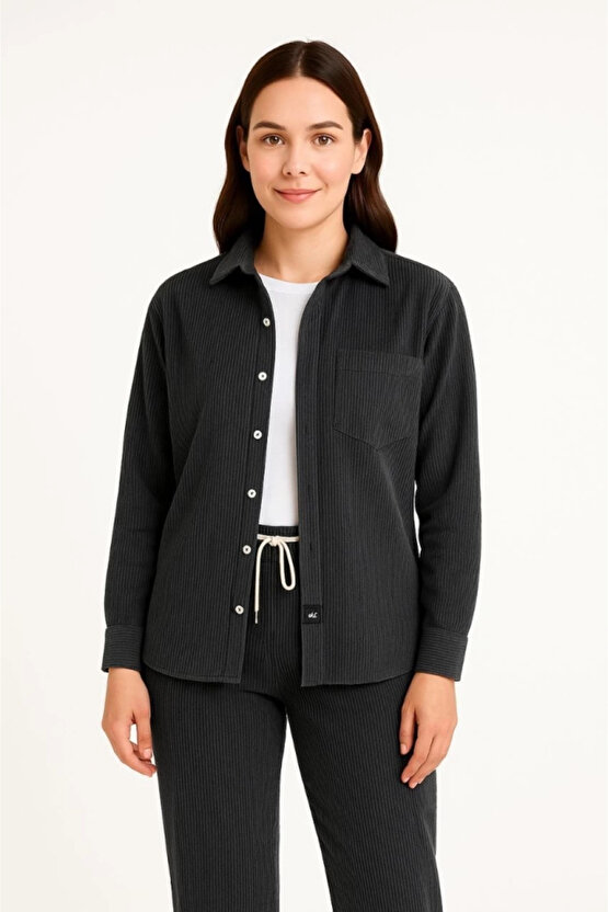 Kadife Oversize Takım – Gömlek Ve Pantolon İkili Set Füme Corduroy Şıklığı, Rahat Ve Zarif Duruş Yum