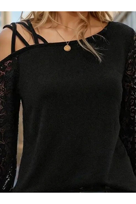 Kadın Uzun Kollu Tek Omuzu çapraz şerit Detaylı Viskon Iki Iplik Bluz