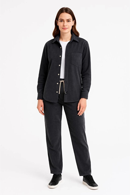 Kadife Oversize Takım – Gömlek Ve Pantolon İkili Set Füme Corduroy Şıklığı, Rahat Ve Zarif Duruş Yum