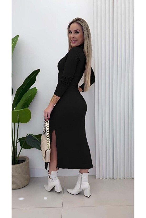 Kadın Uzun Kollu Balıkçı Yakalı Yanlardan Yırtmaçlı Kaşkorse Maxi Elbise