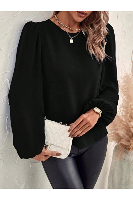Kadın Uzun Kollu Yuvarlak Yaka Arkadan Bağcıklı Salaş Ithal Krep Bluz