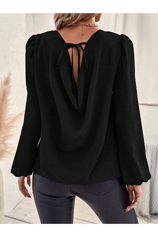 Kadın Uzun Kollu Yuvarlak Yaka Arkadan Bağcıklı Salaş Ithal Krep Bluz