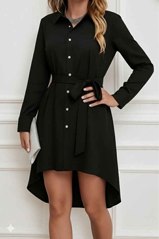 Kadın Uzun Kollu ön Kısım Kısım Arka Kısım Uzun Trikoton Gömlek Elbise