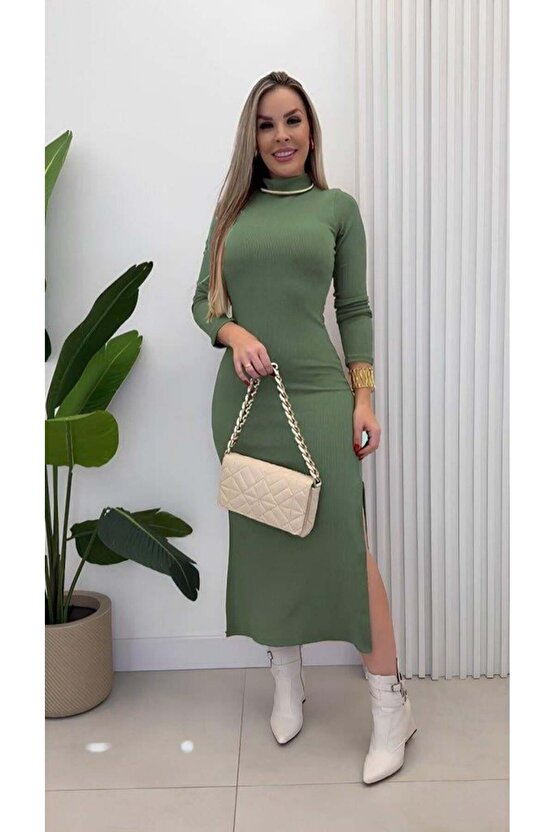 Kadın Uzun Kollu Balıkçı Yakalı Yanlardan Yırtmaçlı Kaşkorse Maxi Elbise