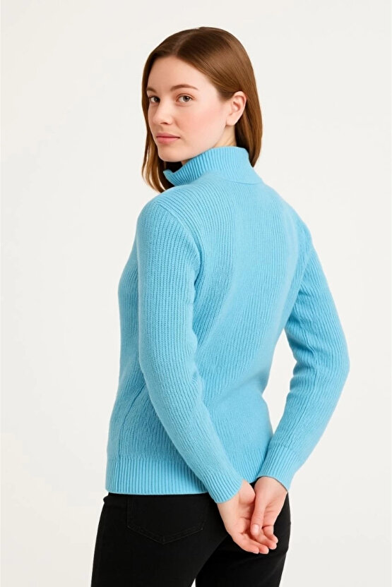 KADIN Yarım Fermuarlı Triko Kazak – Selanik Örgü, Dik Yaka, Pamuklu Dokuma, Oversize Uzun Kollu Kışl