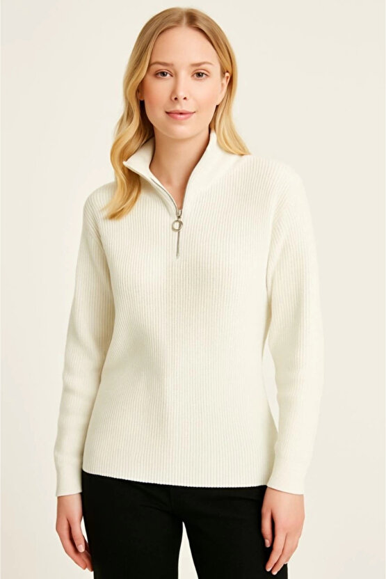 KADIN Yarım Fermuarlı Triko Kazak – Selanik Örgü, Dik Yaka, Pamuklu Dokuma, Oversize Uzun Kollu Kışl