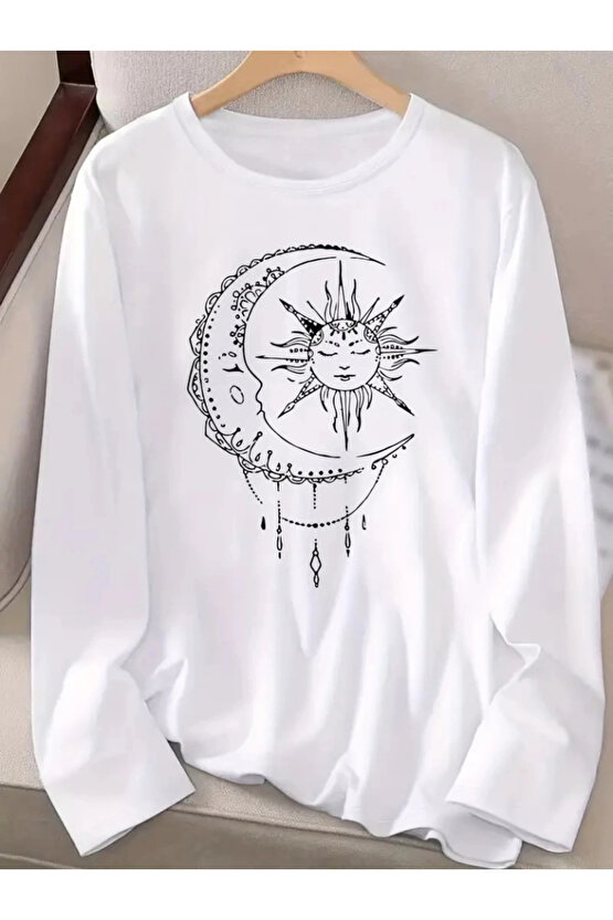 Kadın Uzun Kollu Bisiklet Yaka Ay Baskılı Viskon Bluz