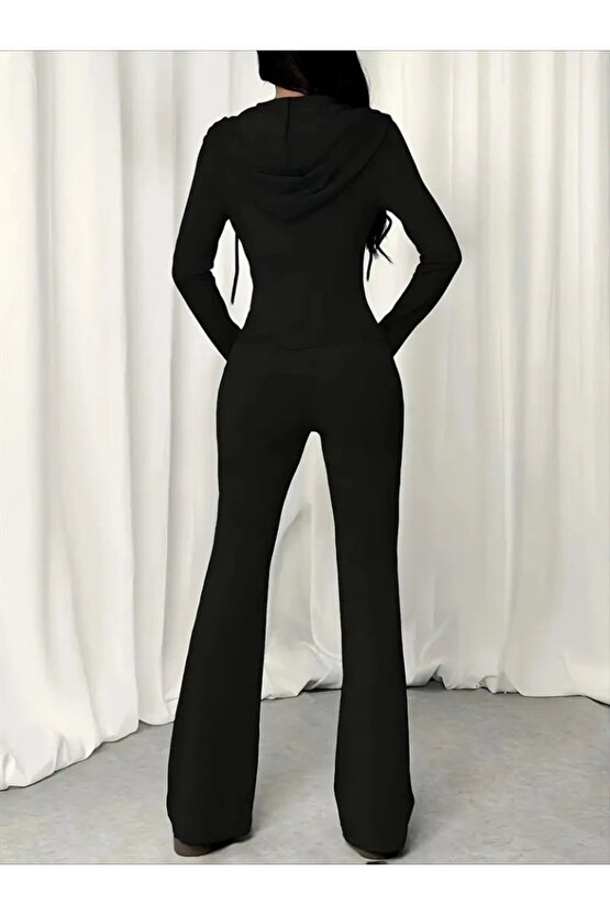 EQURİ Kadın Uzun Kollu Kapşonlu Bağcıklı önü Fermuarlı Viskon Iki Iplik Bluz Ve Pantolon Ikili Takım