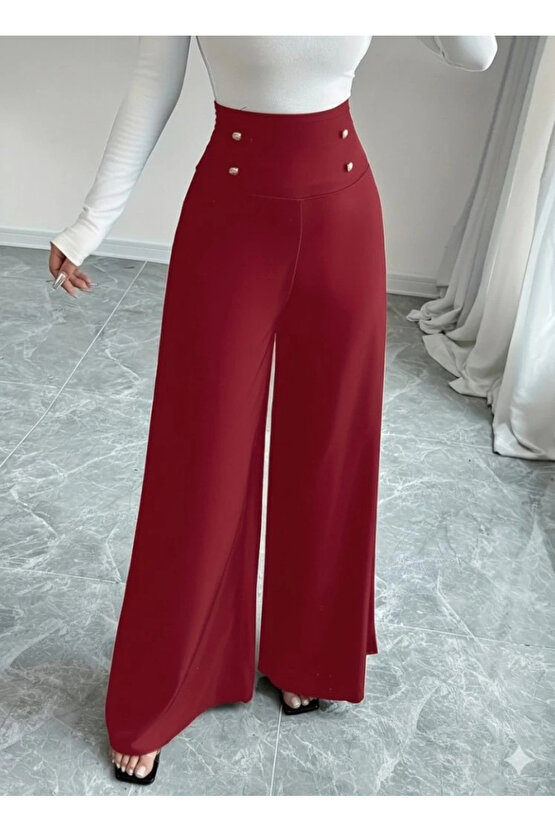 Kadın Yüksek Bel Düğmeli Geniş Paçalı Ithal Krep Pantolon