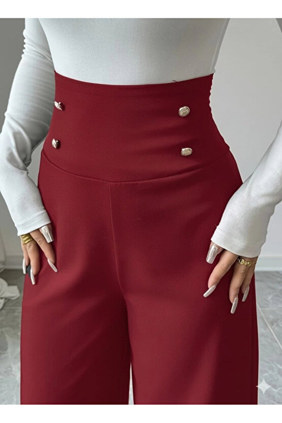 Kadın Yüksek Bel Düğmeli Geniş Paçalı Ithal Krep Pantolon