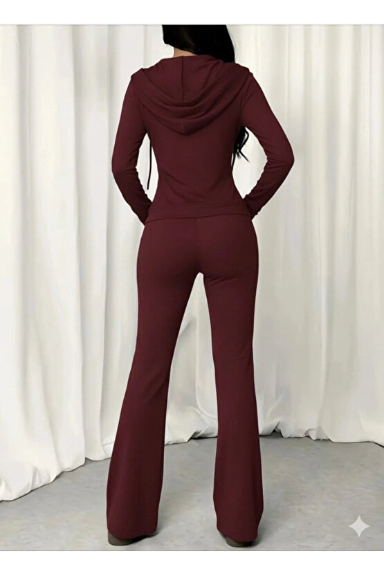 Kadın Uzun Kollu Kapşonlu Bağcıklı önü Fermuarlı Viskon Iki Iplik Bluz Ve Pantolon Ikili Takım
