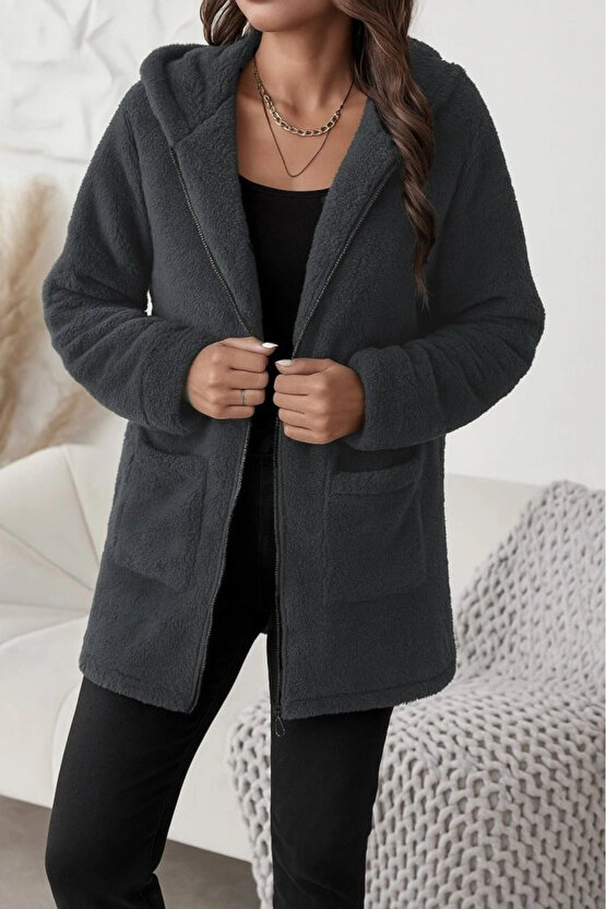Kadın Uzun Kollu Kapşonlu önden Fermuarlı Cepli Welsoft Ceket