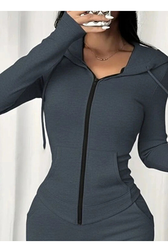 Kadın Uzun Kollu Kapşonlu Bağcıklı önü Fermuarlı Viskon Iki Iplik Bluz Ve Pantolon Ikili Takım