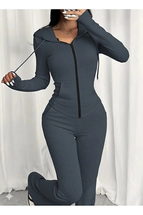 Kadın Uzun Kollu Kapşonlu Bağcıklı önü Fermuarlı Viskon Iki Iplik Bluz Ve Pantolon Ikili Takım