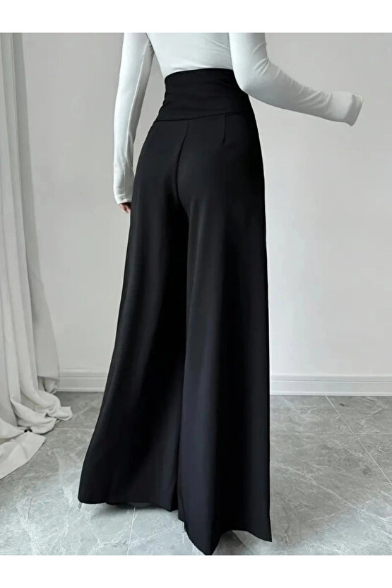 Kadın Yüksek Bel Düğmeli Geniş Paçalı Ithal Krep Pantolon