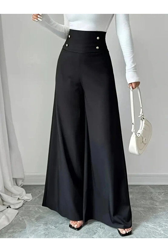 Kadın Yüksek Bel Düğmeli Geniş Paçalı Ithal Krep Pantolon
