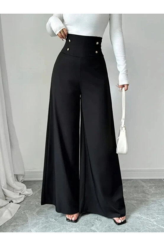 Kadın Yüksek Bel Düğmeli Geniş Paçalı Ithal Krep Pantolon