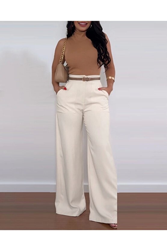 Kadın Yüksek Bel Geniş Paça Detaylı Cepli Ithal Krep Pantolon