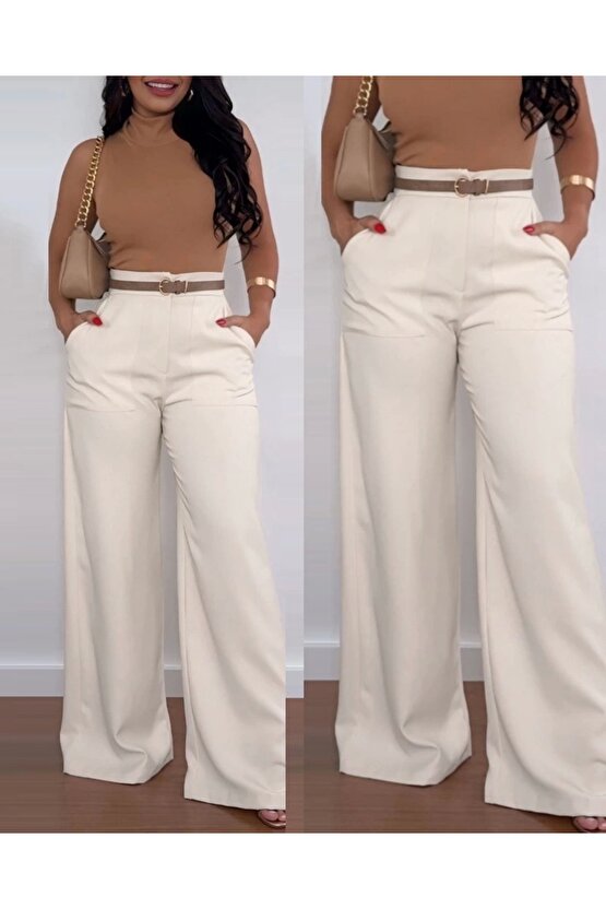 Kadın Yüksek Bel Geniş Paça Detaylı Cepli Ithal Krep Pantolon