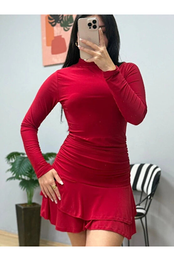 Kadın Uzun Kollu Balıkçı Yaka Mini Fırfırlı Sandy Elbise