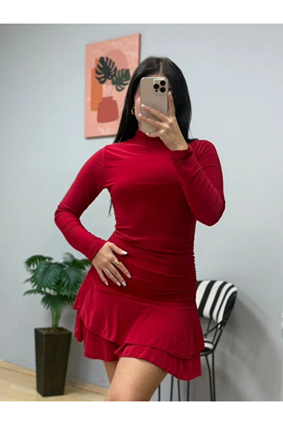 Kadın Uzun Kollu Balıkçı Yaka Mini Fırfırlı Sandy Elbise