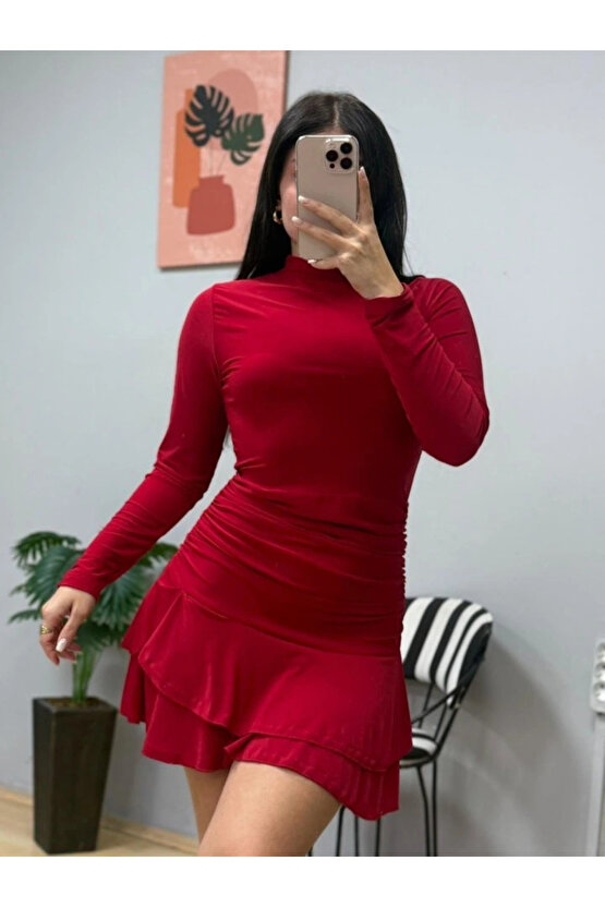 Kadın Uzun Kollu Balıkçı Yaka Mini Fırfırlı Sandy Elbise