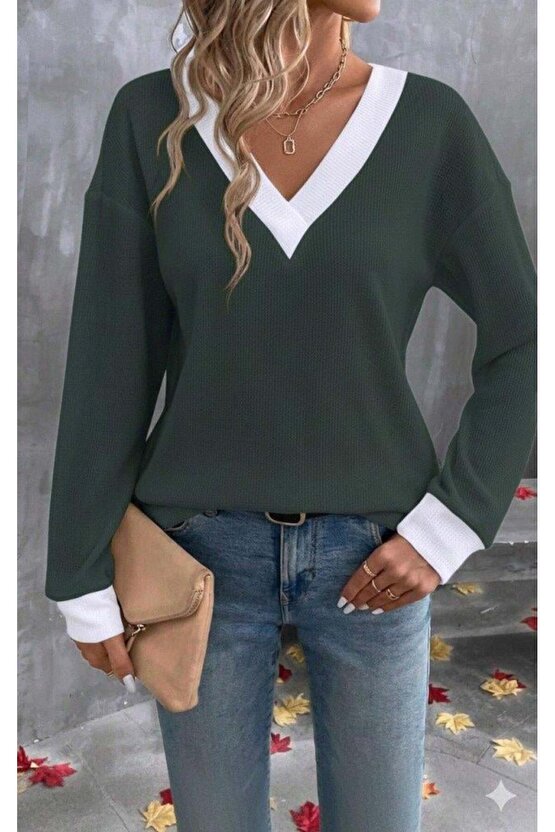 Kadın Uzun Kollu V Yakalı Waffle Bluz