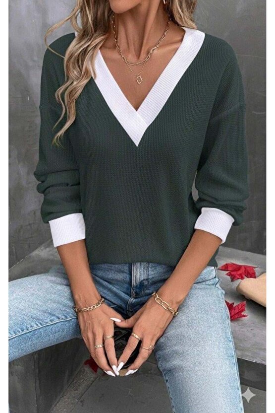 Kadın Uzun Kollu V Yakalı Waffle Bluz