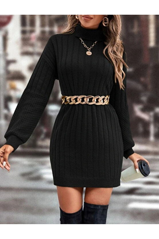 Kadın Uzun Kollu Boğazlı Uzun Balon Kol Triko Mini Elbise