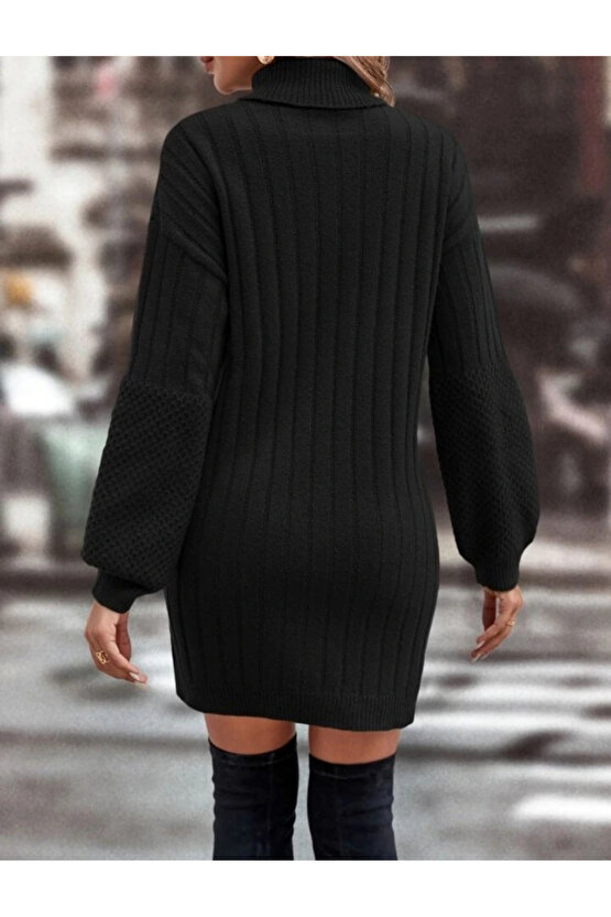 Kadın Uzun Kollu Boğazlı Uzun Balon Kol Triko Mini Elbise