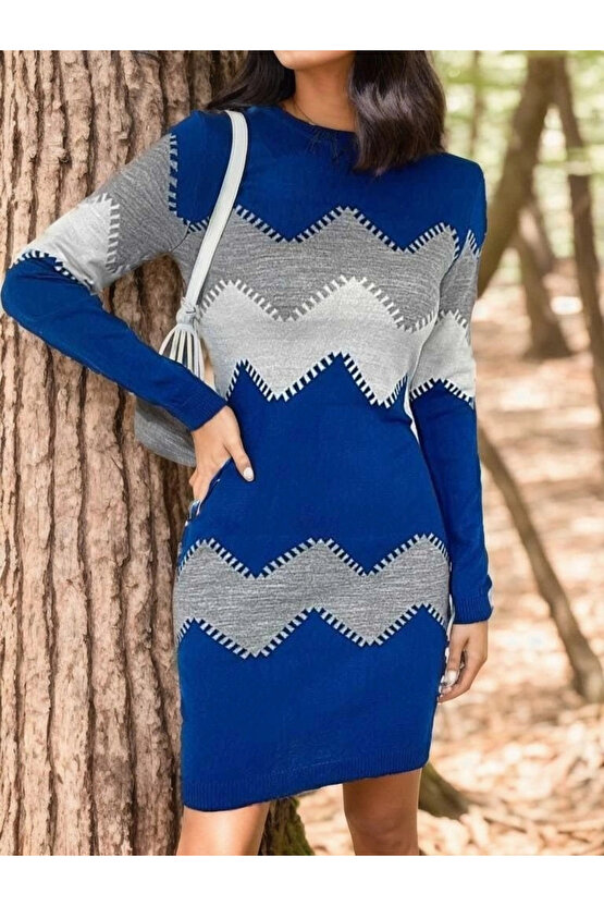 Kadın Uzun Kollu Zigzag Desen Triko Elbise